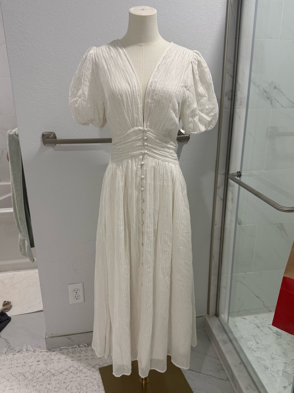 Anthropologie Ivory Midi Dress with Puff Sleeves
